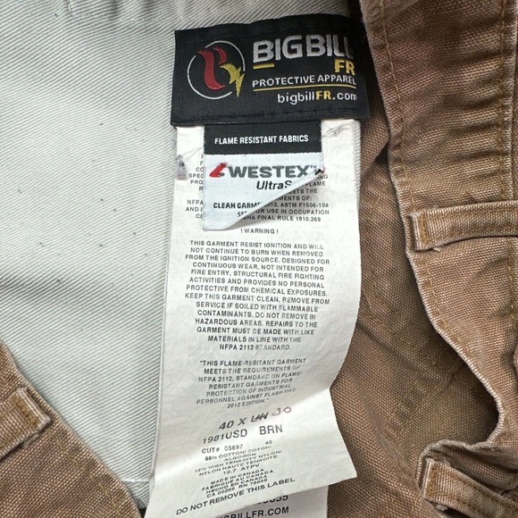 Big Bill FR Fire Resistant Utility Jeans 40x29 (measures 38x29 See Photos) - Picture 6 of 11